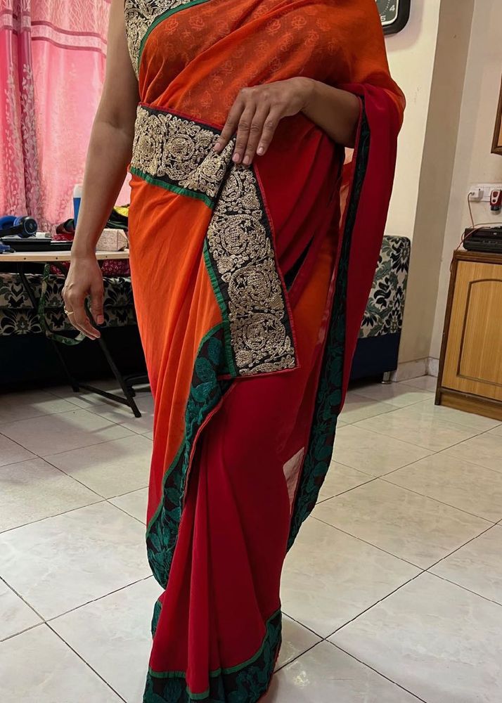 Vibrant Orange &amp; Red Embroidered Saree🍑
