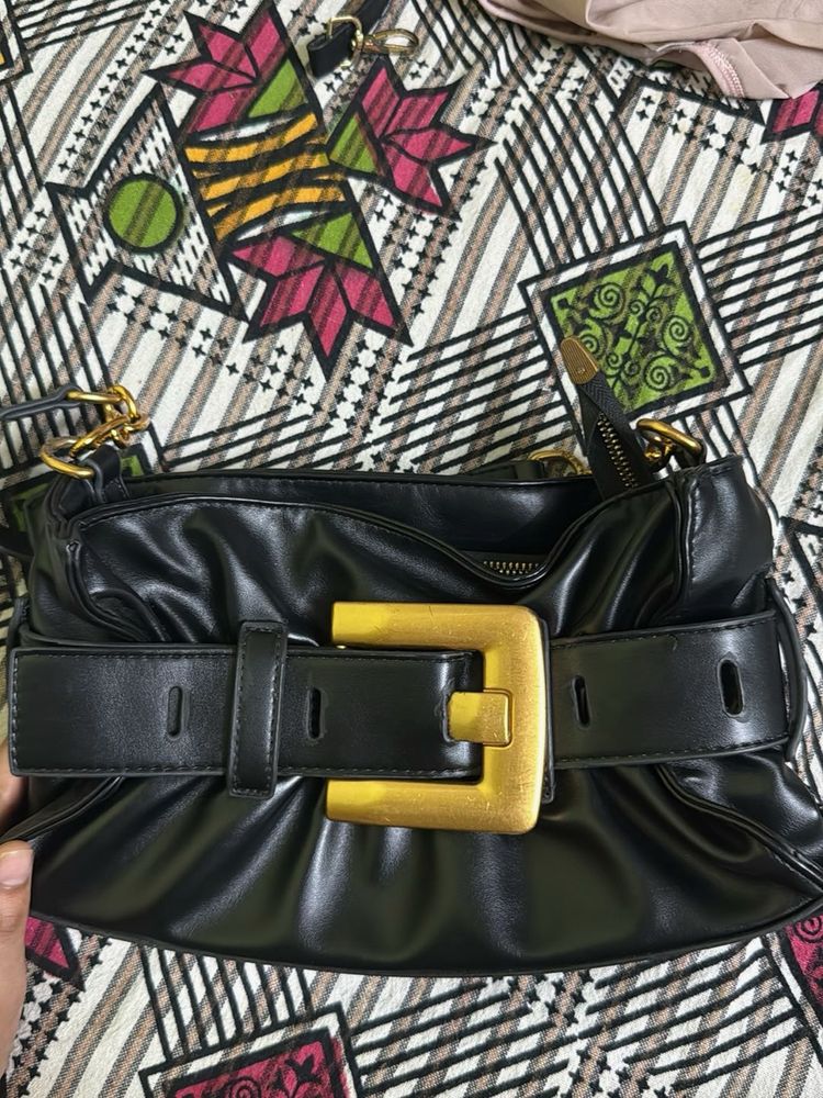 Chic Black Shoulder Bag with Gold Buckle