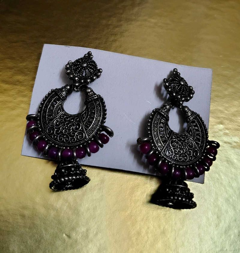 Oxidised Silver Jhumka Earrings with Beads