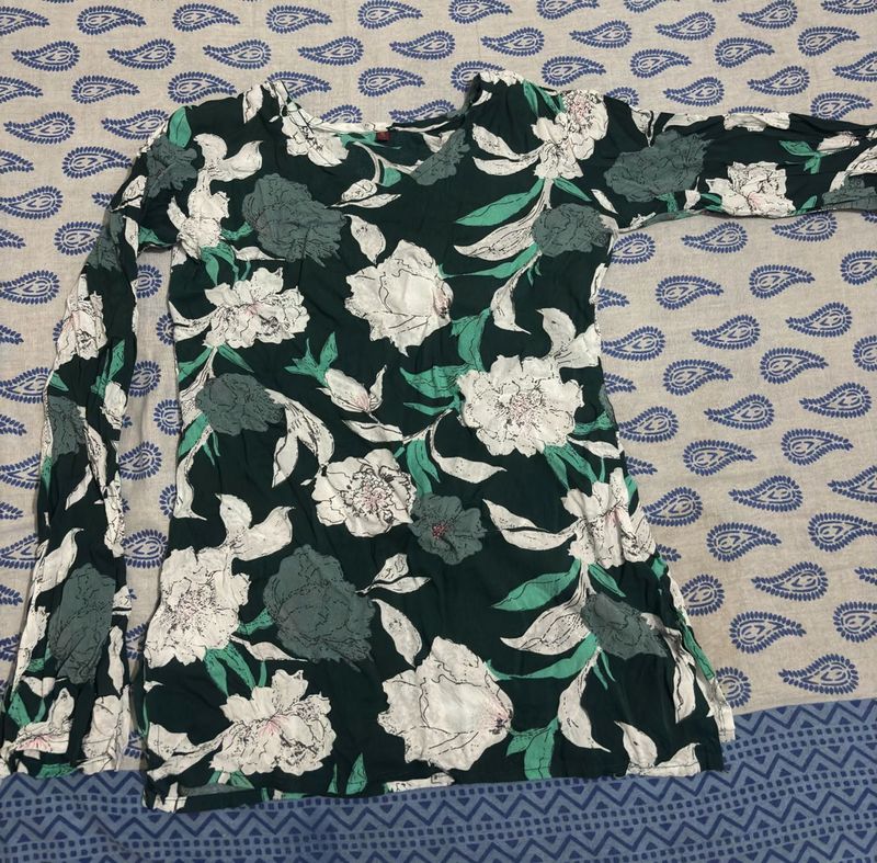 Chic Floral Print Long Sleeve Short Kurti