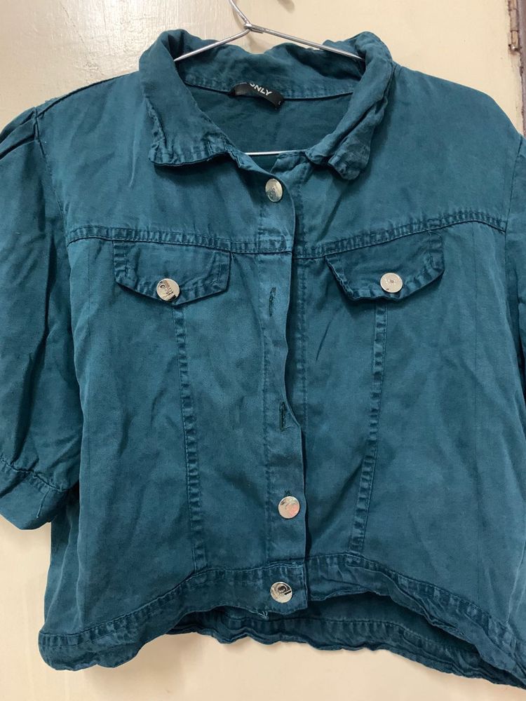 Teal Cropped Denim Jacket