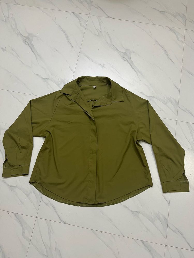 Olive Green Collared Button-Up Shirt