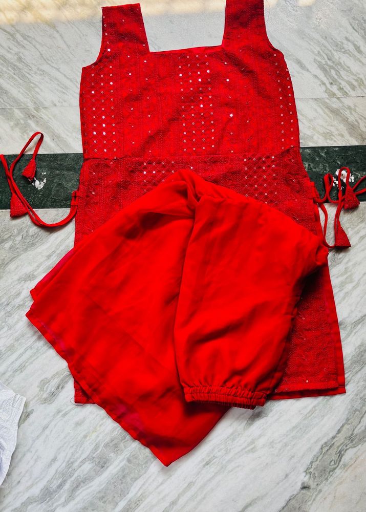 Vibrant Red Sequined Kurta Set