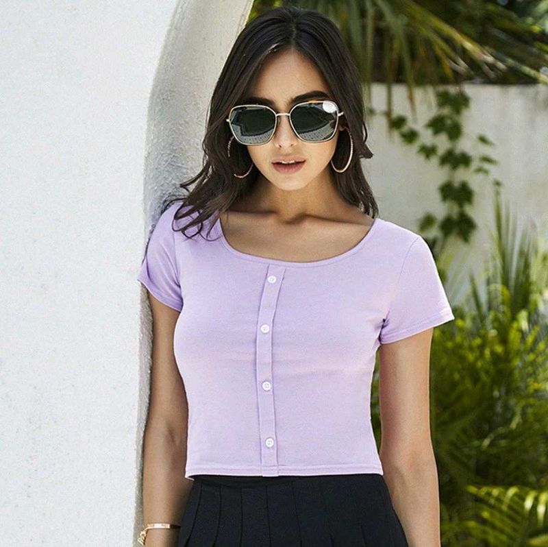 Pastel Purple Button-Up Crop Top