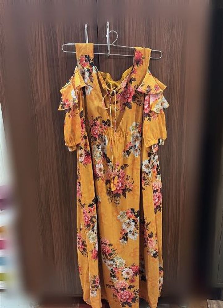 Mustard Floral Cold Shoulder Maxi Dress