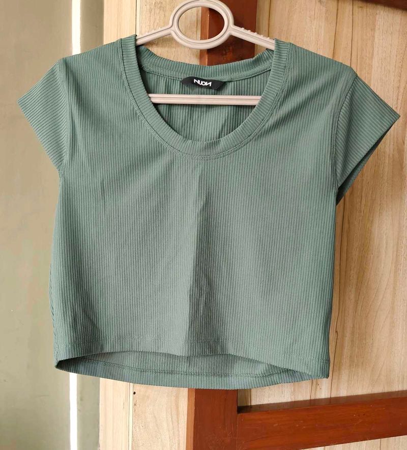 Green Ribbed Crop Top