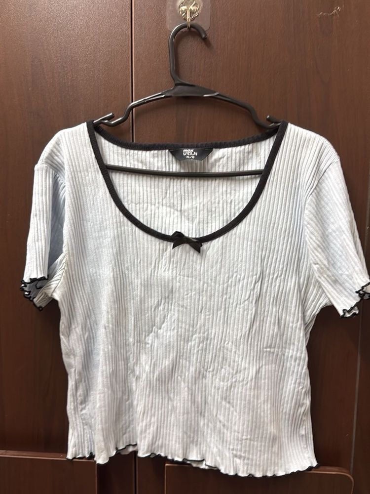 Cute Baby Blue Ribbed Top with Bow