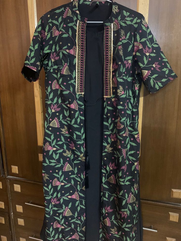 Black Printed Jacket Style Kurta Set