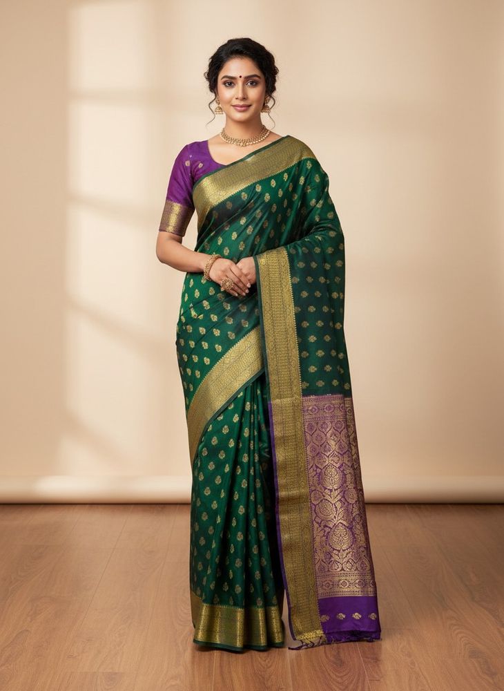 Elegant Green &amp; Purple Banarasi Alvar Saree