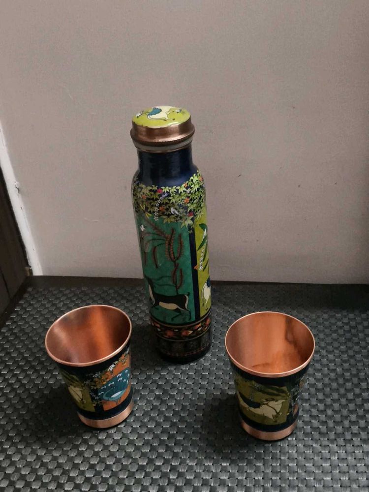 Decorative Copper Bottle and Glass Set