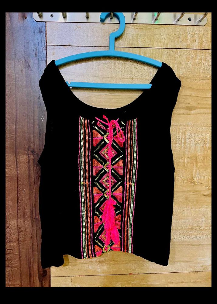 Boho Embroidered Black Top
