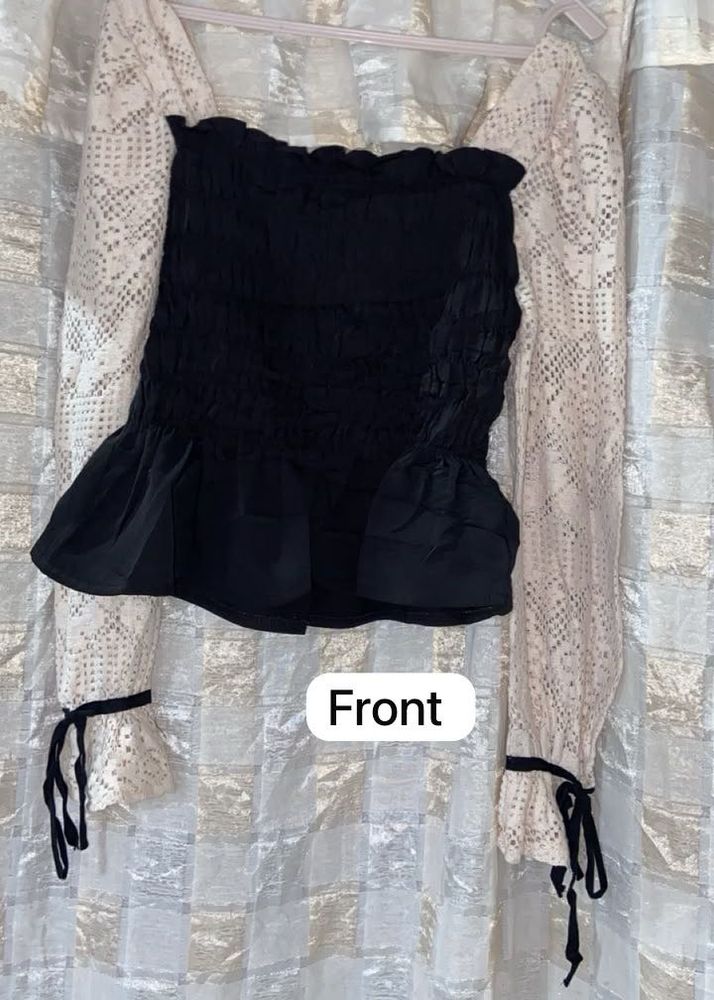 Black Smocked Lace Sleeve Top