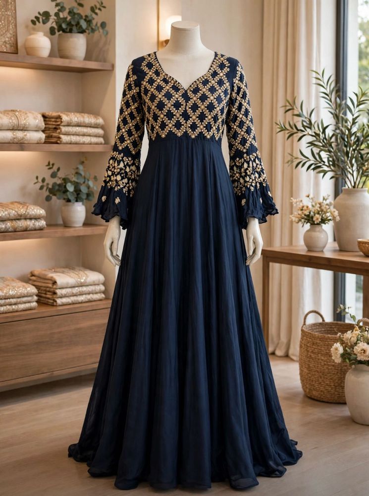 Elegant Navy Embroidered Gown