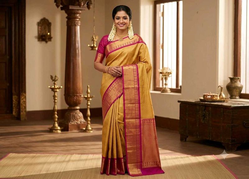 a pink and gold yellow colour silk saree