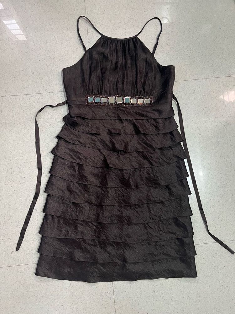 Black Tiered Halter Dress with Embellished Waist