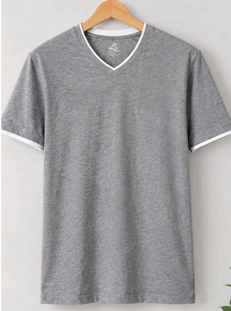 FADED GLORY Grey V-Neck T-Shirt with White Trim