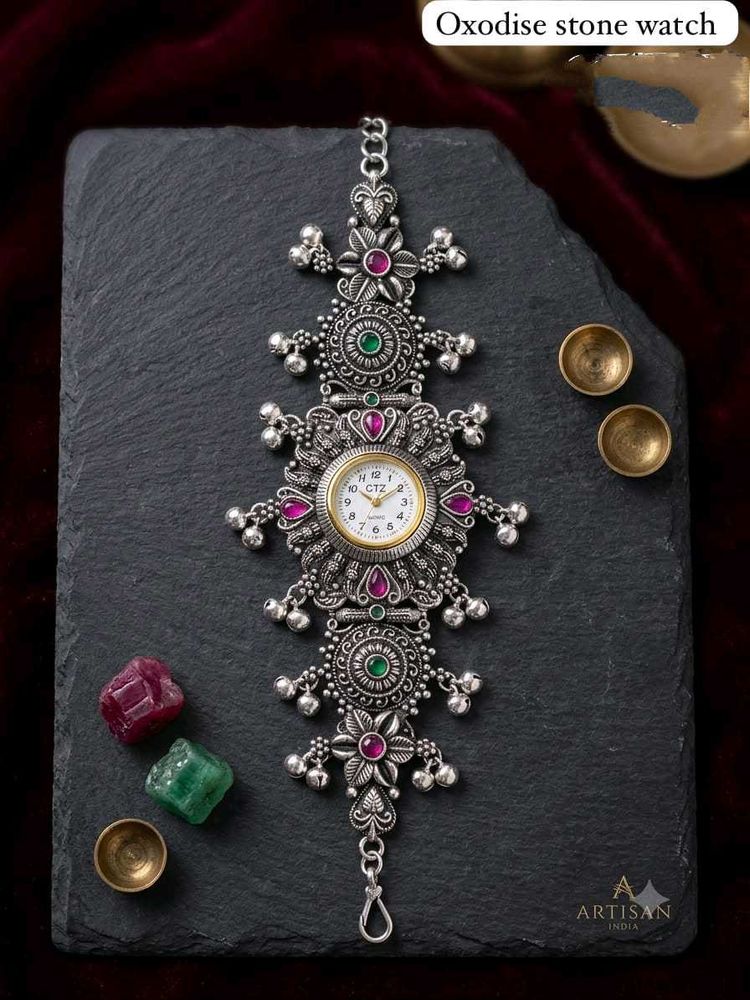 Oxidised Stone Watch with Intricate Design