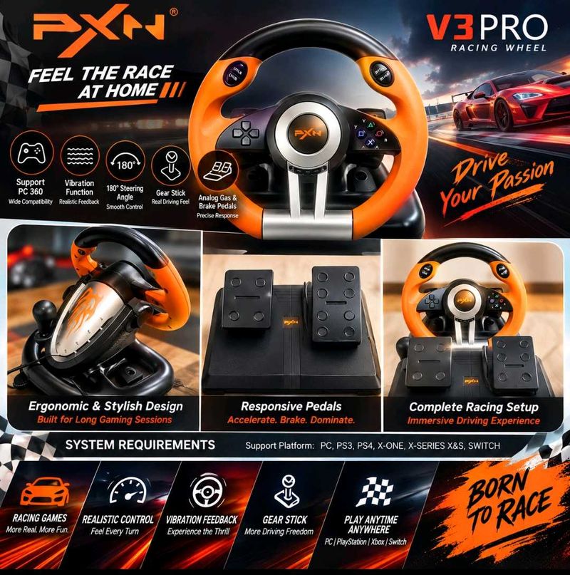 PXN V3 Pro racing wheel gaming setup for driving