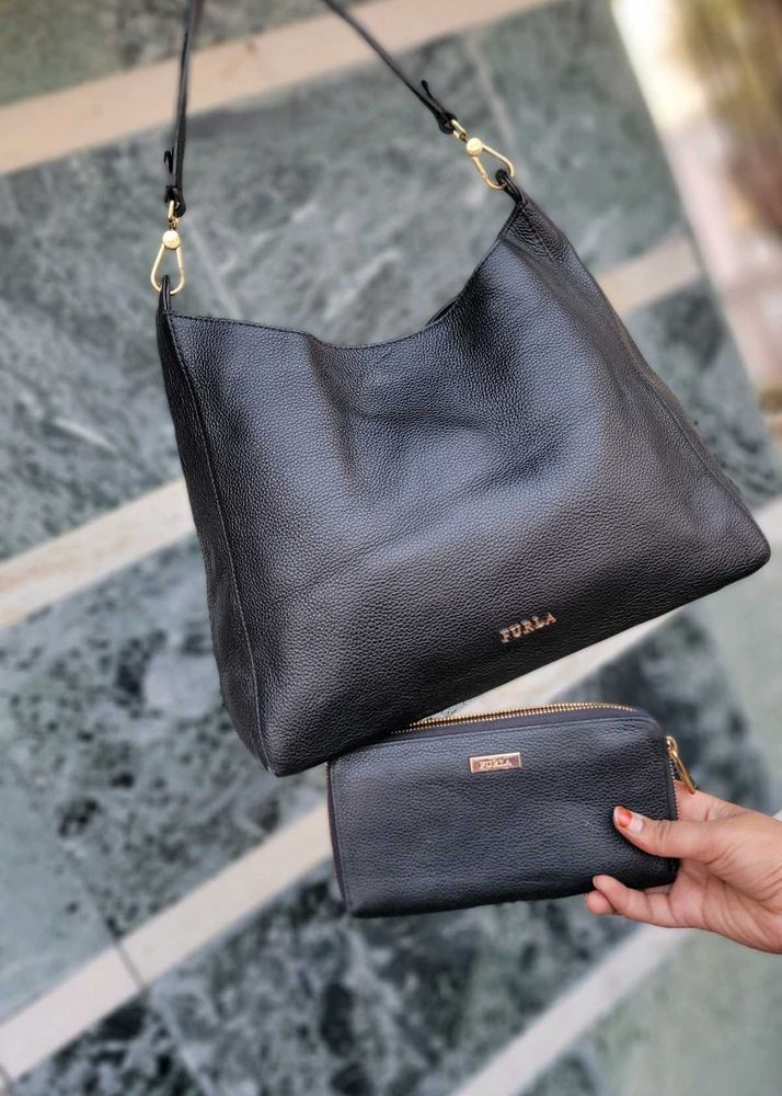 Furla Leather Hobo Bag &amp; Wallet Combo