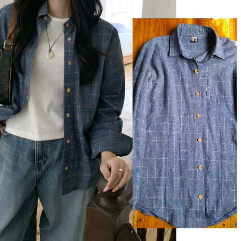 Korean Blue Plaid/Checked Button-Down Shirt