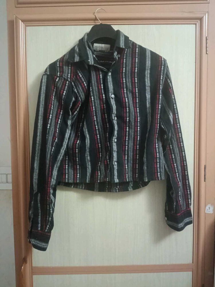 Striped Cropped Button-Down Shirt