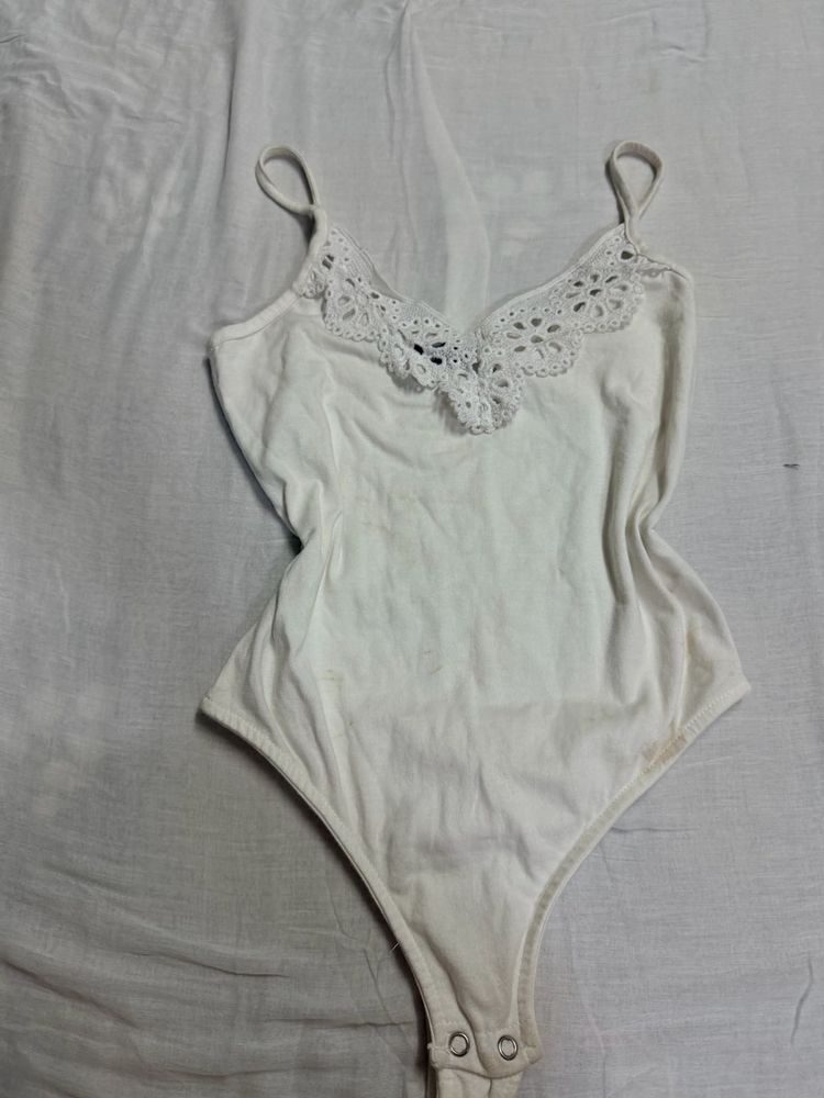 White Lace Trim Bodysuit
