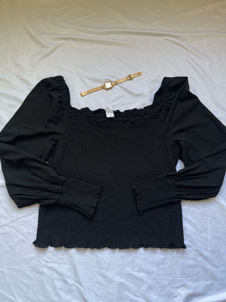 Black Smocked Square Neck Top