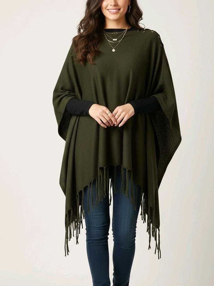 Olive Green Fringe Poncho