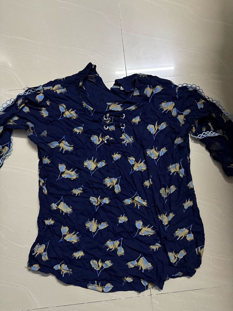 Navy Floral Lace-Up Top and linen Bottom