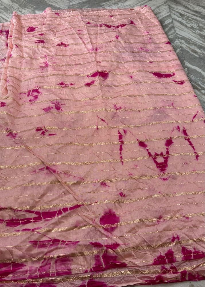 Pink Tie-Dye saree with Golden Stripes(no blouse)
