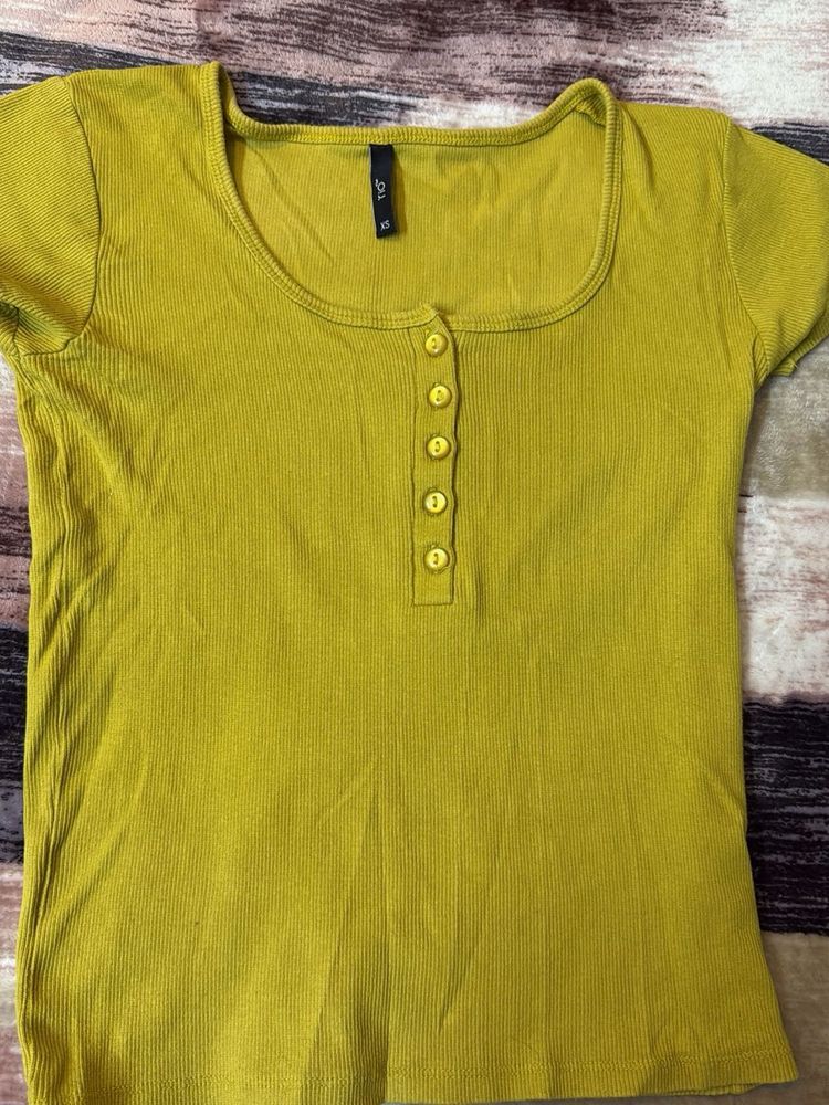 Mustard Button-Down Ribbed Top