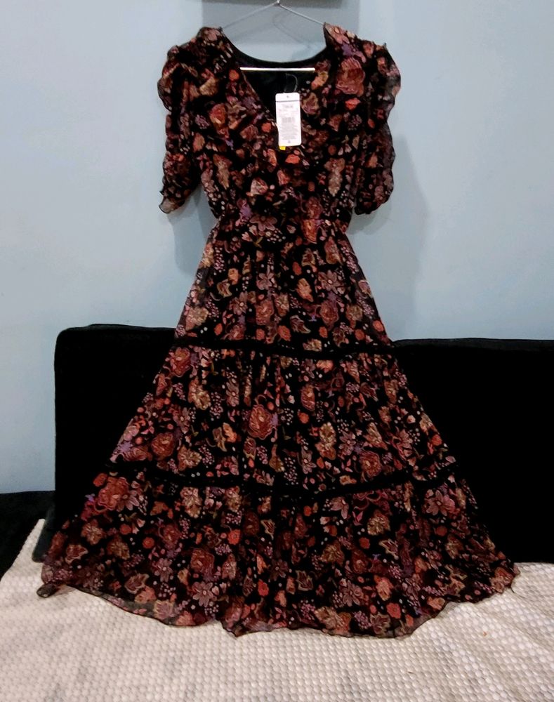 Quality Black&amp;Rust Orange Floral Print Tiered Midi