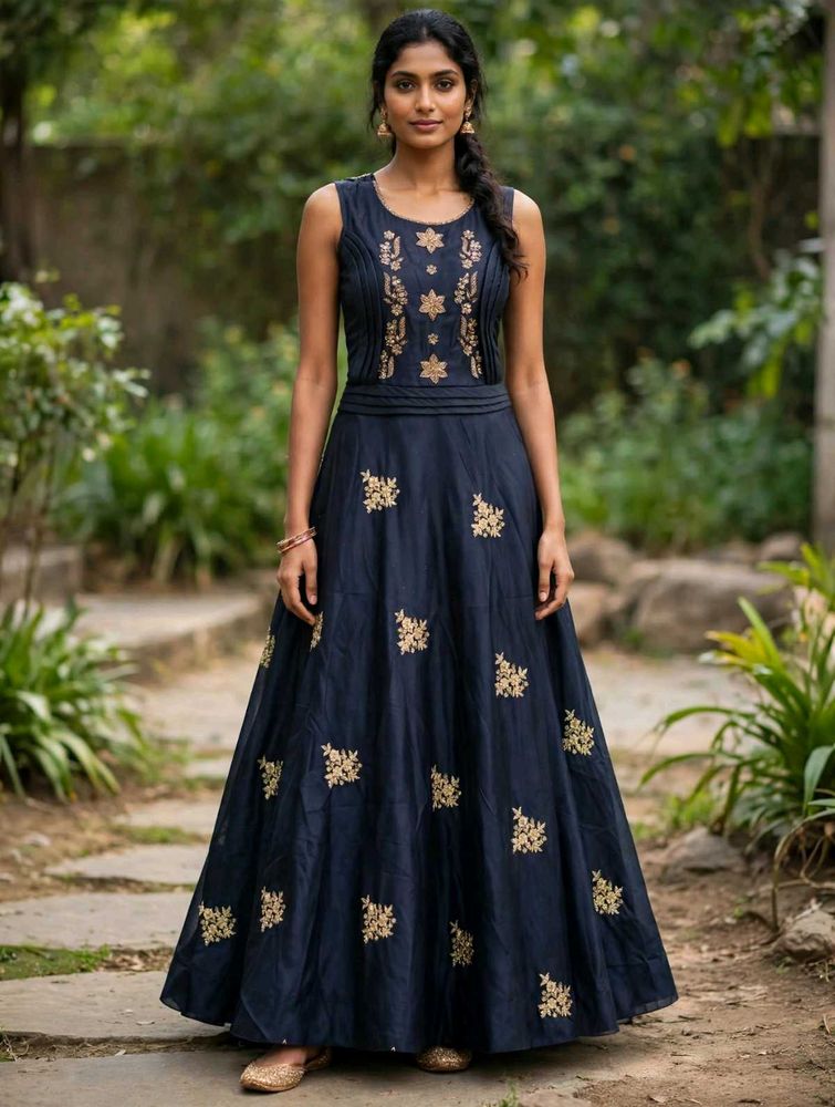 Elegant Navy Blue Embroidered Gown