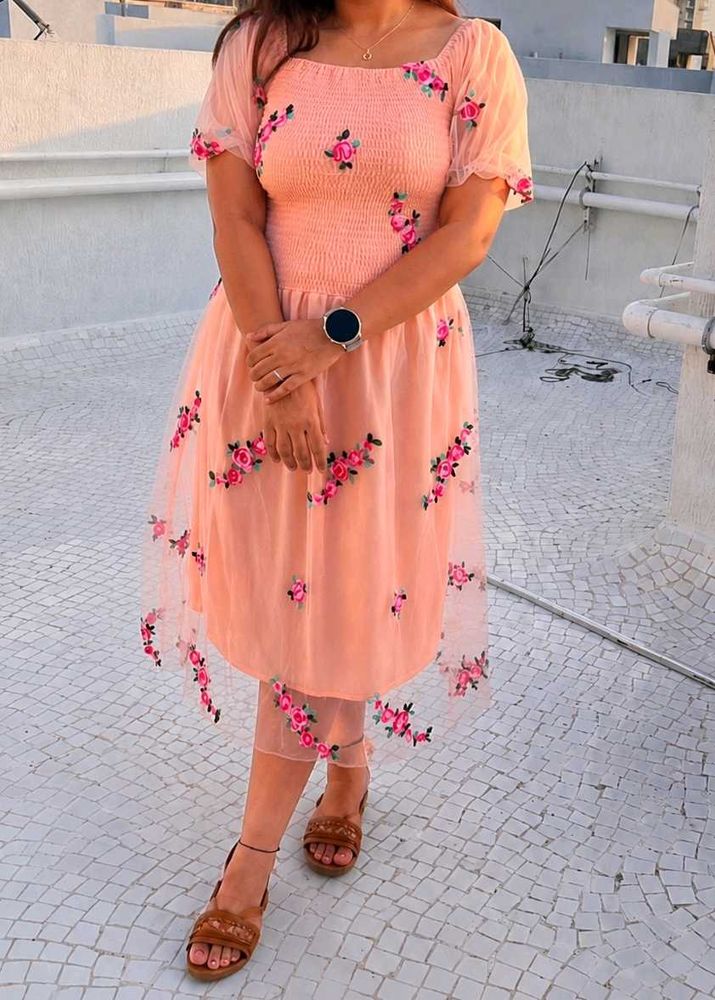 Peach Floral Embroidered Dress