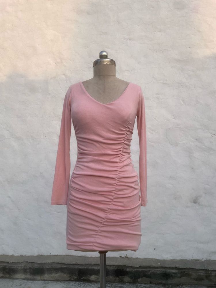 Chic Ruched Pink V-Neck Mini Dress