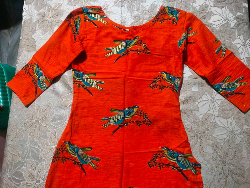 Vibrant Orange Bird Print Kurta