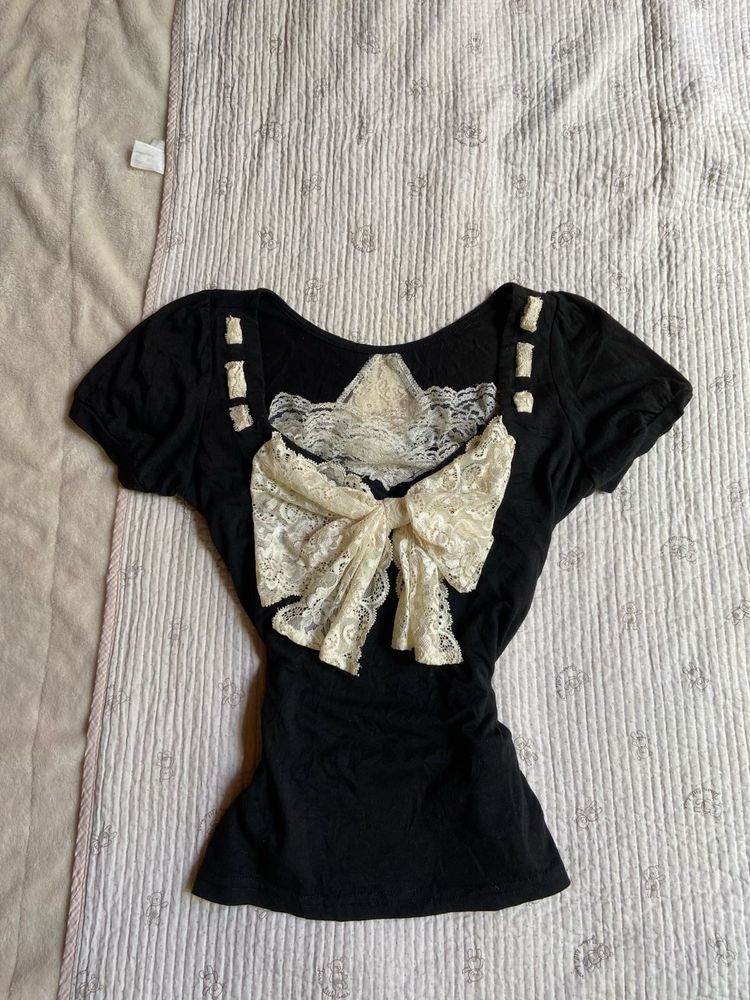 lace ribbon fitted cute top