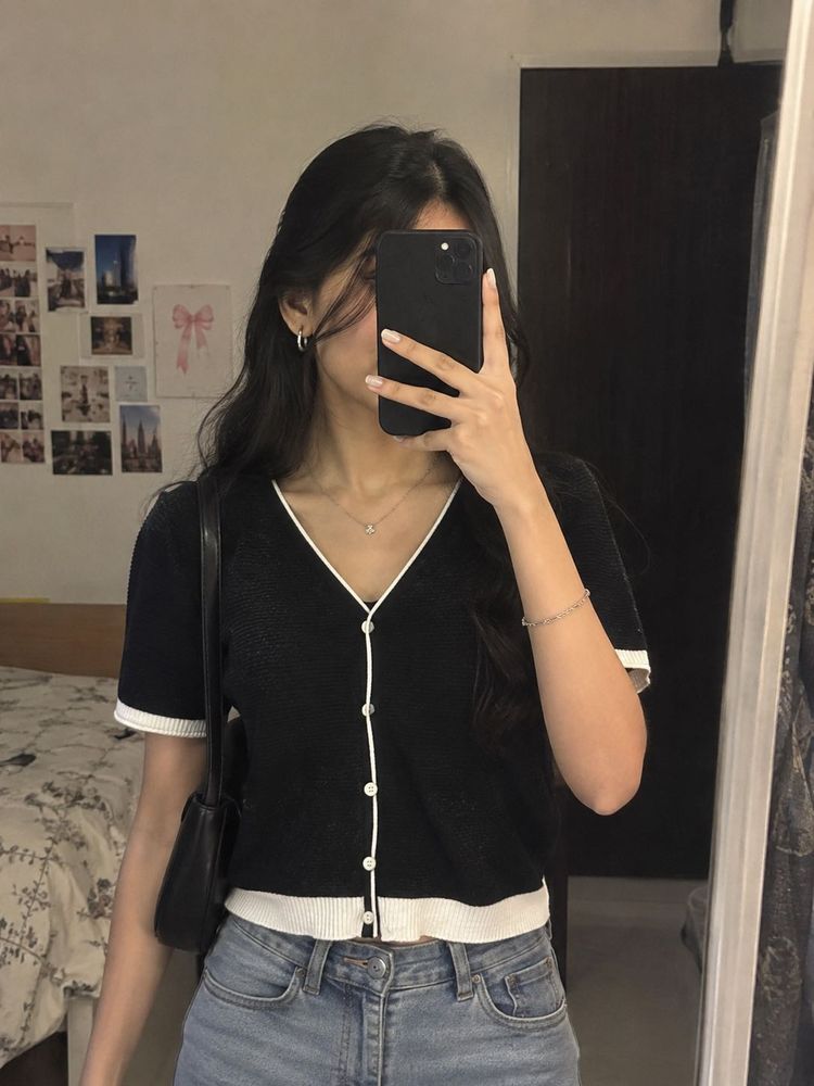 Black &amp; White Button-Up Knit Top