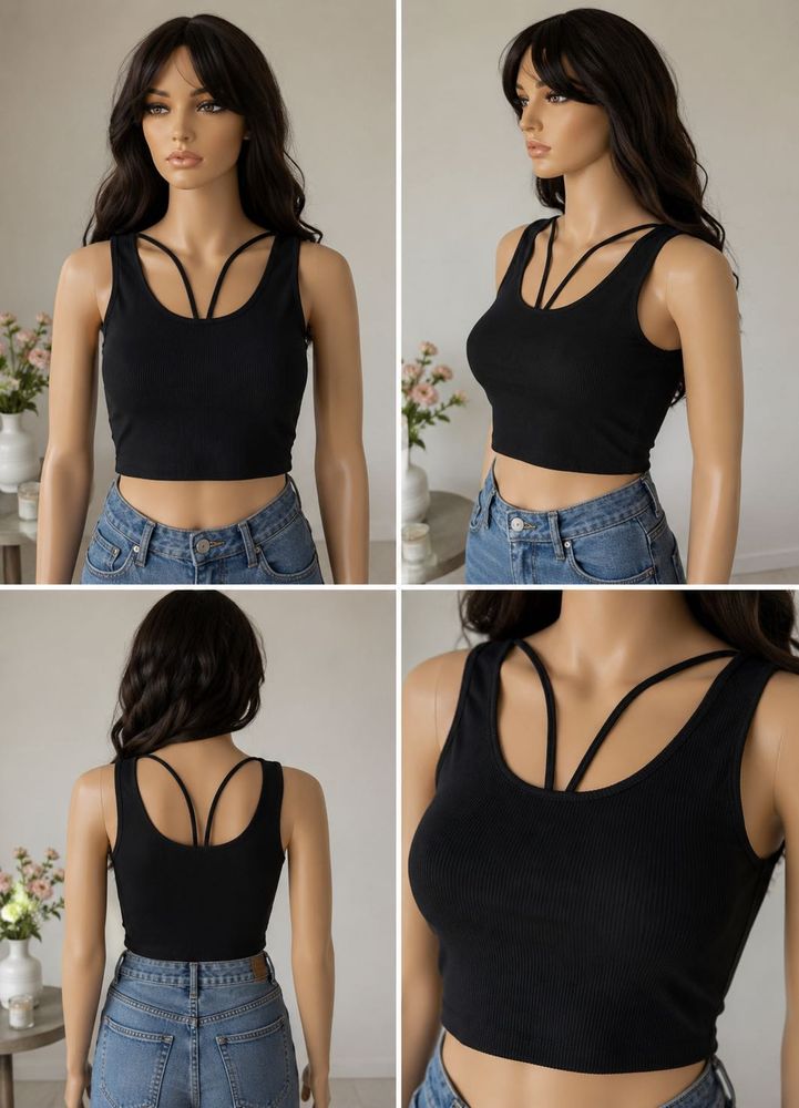 Black Ribbed Cropped Tank Top