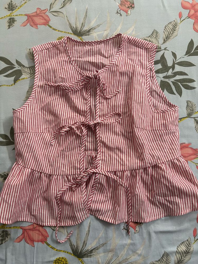 Striped Peplum Top with Tie-Up Detail