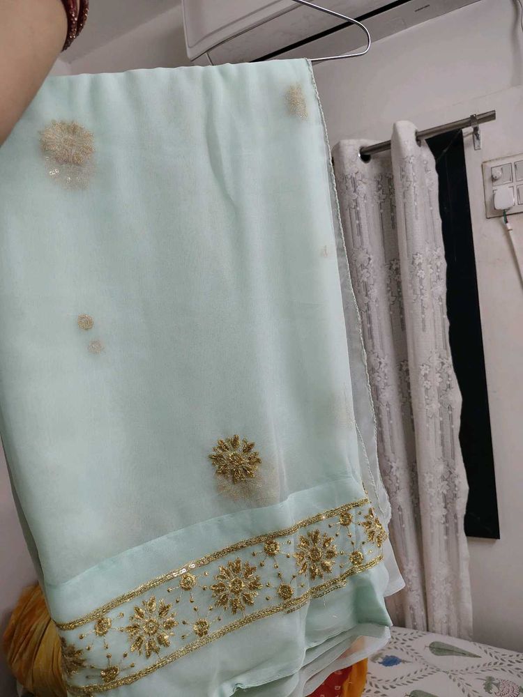 Elegant Light Blue Embellished Saree