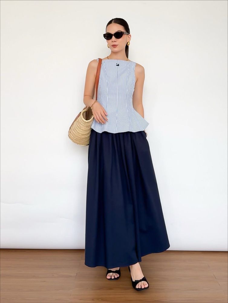 Navy Blue Flowy Midi Skirt with POCKETS