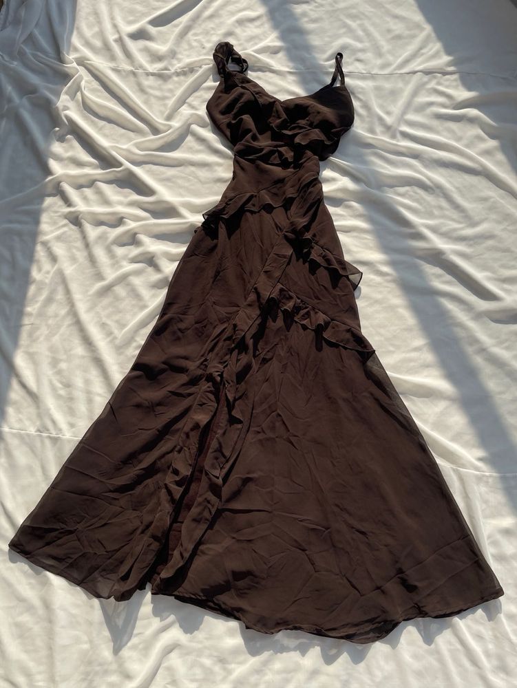 Brown legslit Ruffle Maxi Dress