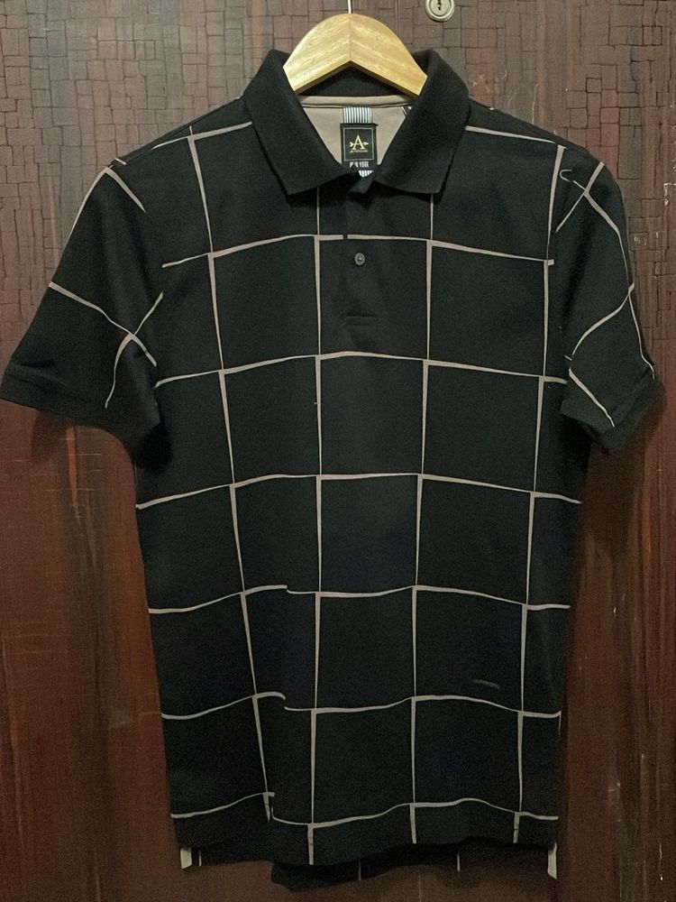 Men's Black Polo Shirt with Grid Pattern