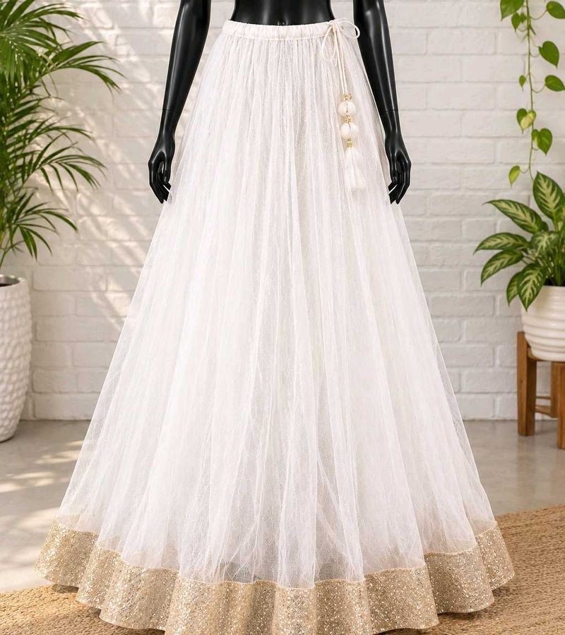 Elegant White Tulle Skirt with Golden Border