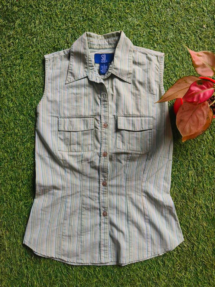 Striped Sleeveless Button-Up Shirt