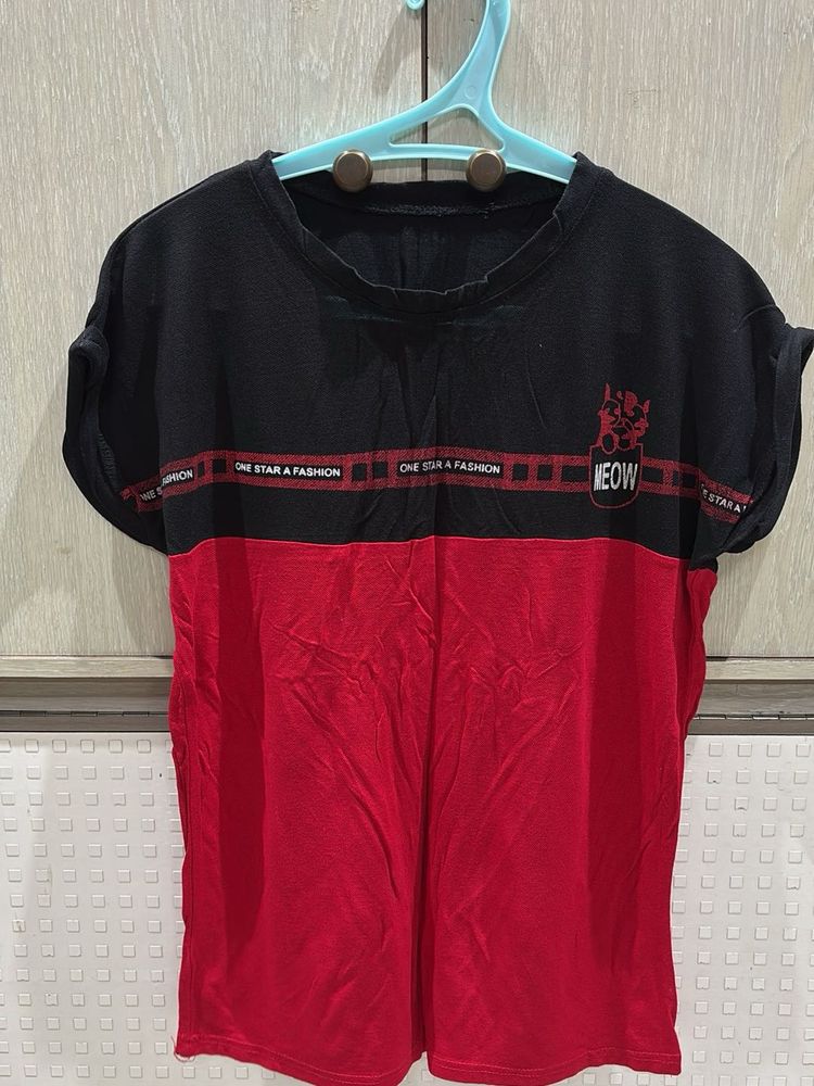 Cute Red &amp; Black Color Block T-Shirt