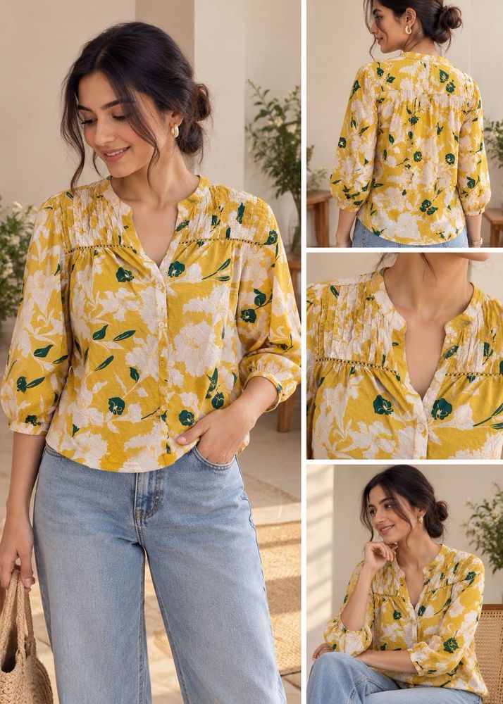 Yellow Floral Print Button-Up Blouse