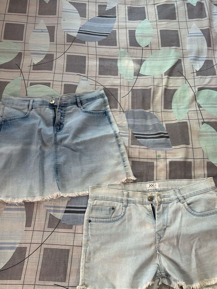 Light Wash Denim Skirt and Shorts Set