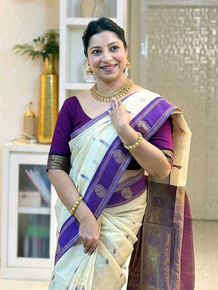 Elegant Cream &amp; Purple Saree